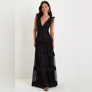 Marvelous Darling Black Lace Ruffled Tiered Maxi Dress